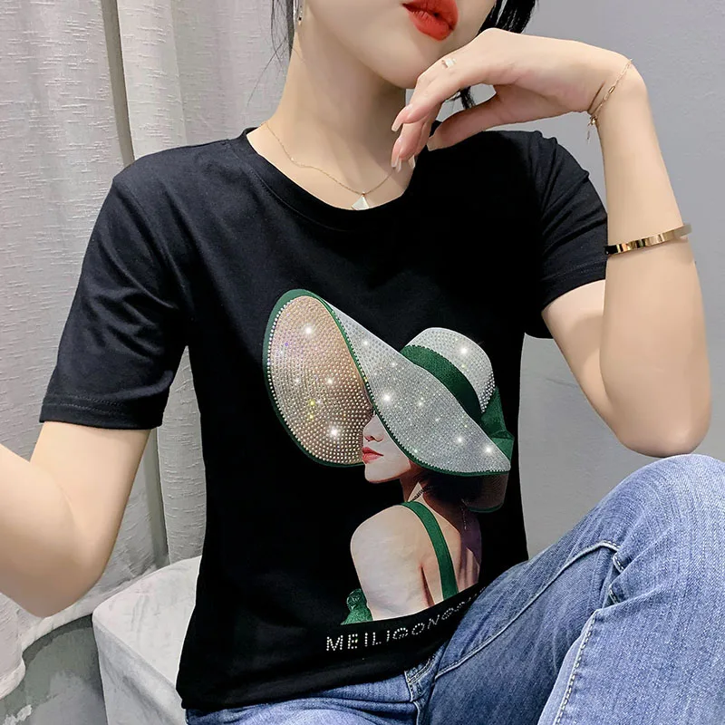 Summer European Clothes Cotton T-Shirt Chic Sexy Print Shiny Diamonds Women\'s Tops Short Sleeve New Elastic Hand Made Tees 2147