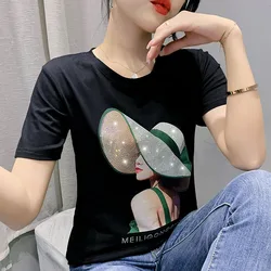 Summer European Clothes Cotton T-Shirt Chic Sexy Print Shiny Diamonds Women's Tops Short Sleeve New Elastic Hand Made Tees 2147