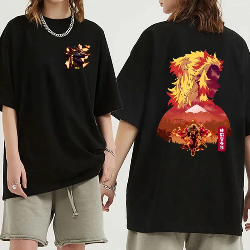 

New Anime Rengoku Kyoujurou Print T-shirts Women Men Summer Cool Short Sleeve Female Casual T-shirts Round Neck Tops