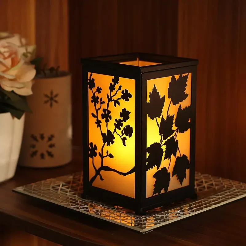 LED Candle Lantern with Timer and 12 Magnetic Seasonal Decorative Panels, Battery Powered Flameless Flickering Candle