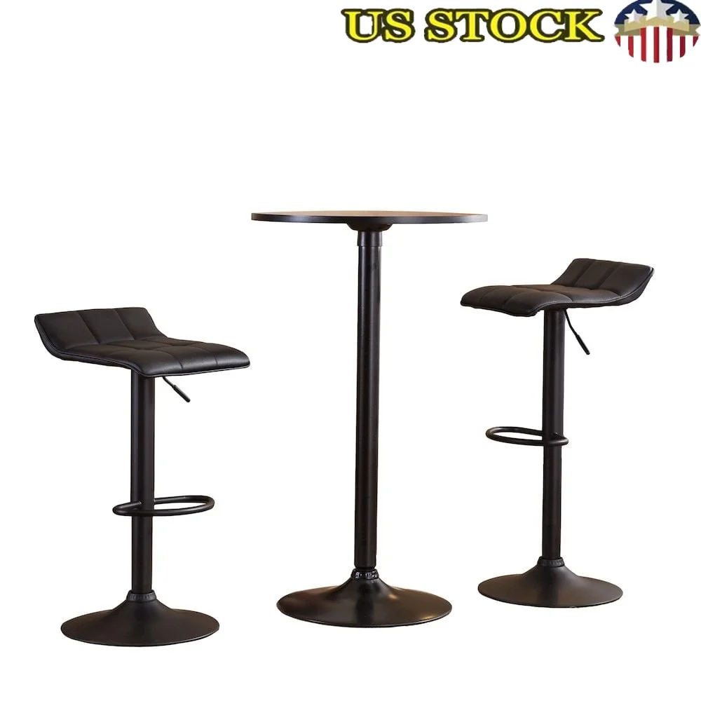 Bar Table Set with 2 Adjustable Swivel Stools Black Round Metal Dining Furniture Kitchen Home Pub