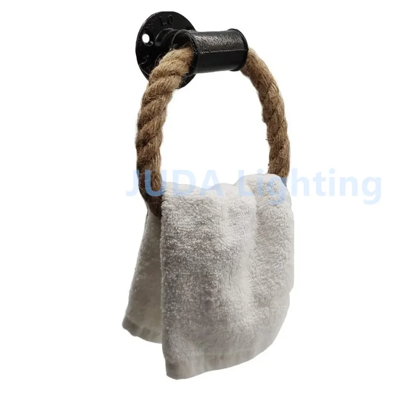 Nautical Towel Ring Rope Industrial Iron Pipe Wall Mounted Rustic Hand Towel Holder Vintage Towel Rack Ring Hemp Rope Bathroom