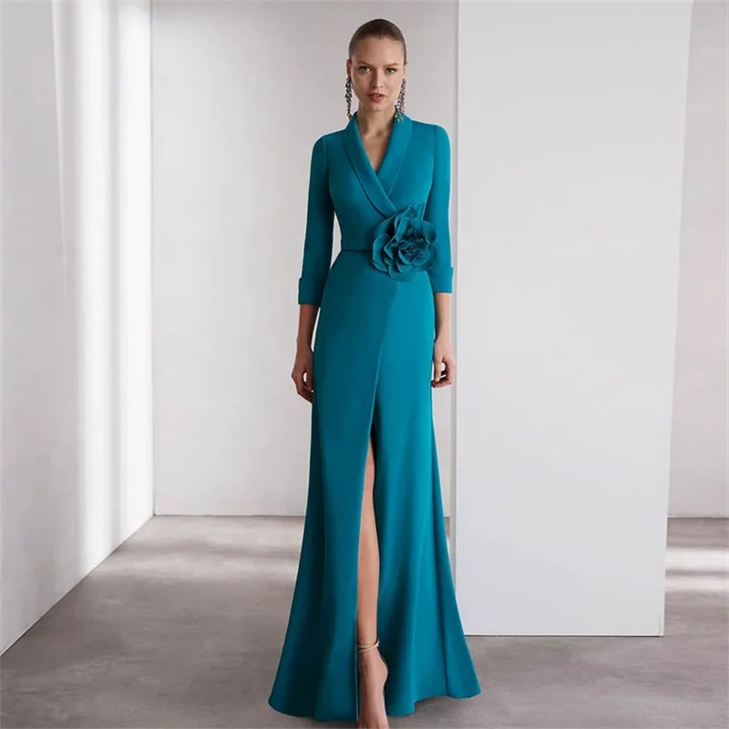 Wedding Mother of The Bride Dress Customized V Neck 3/4 Sleeves Flower Split Sweep Train Wedding Guest Gown Party Dresses