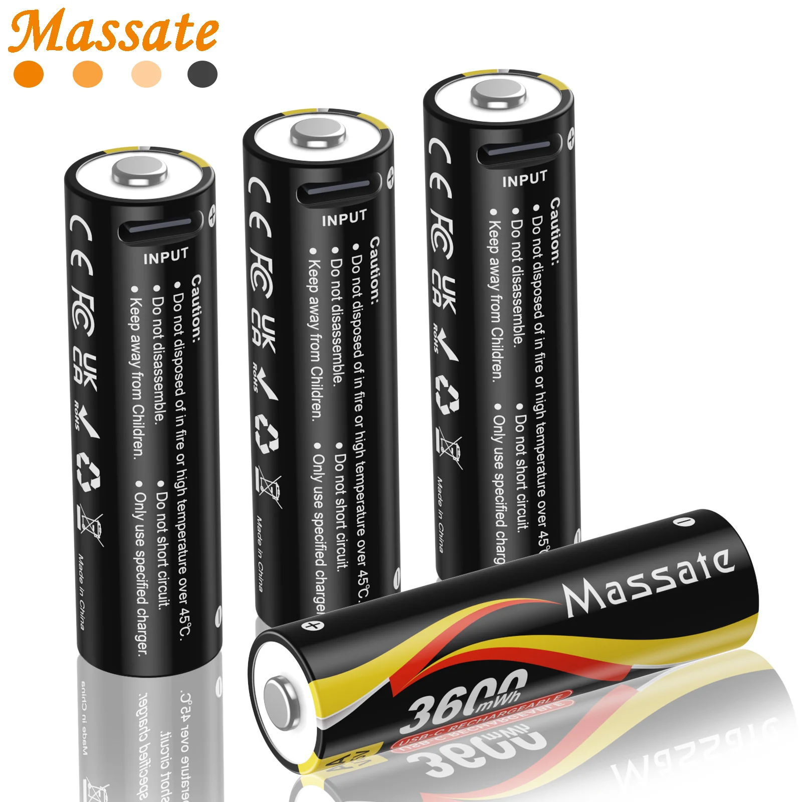 Massate 1.5V 3600mWh AA Rechargeable Lithium Battery Type-C USB Charging AA Batteries for Toys Flashlight Mouse Remote Control