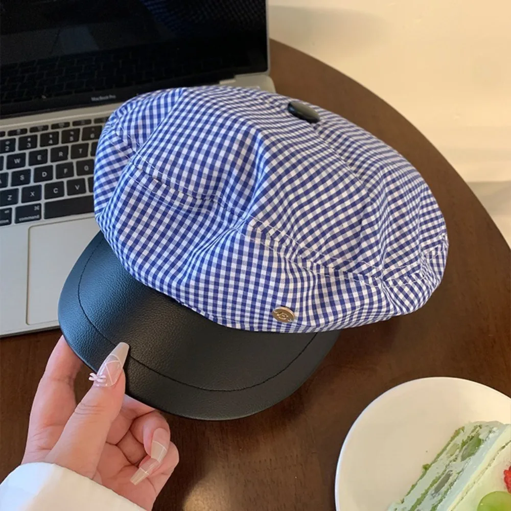 

Fashion Blue Plaid Beret Flat Top Designer Sailor Hat Y2k Korean Navy Cap Outdoor