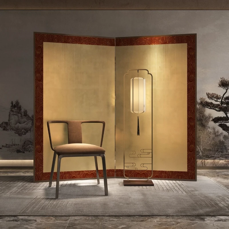 

Retro gold foil screen partition living room folding mobile tea room entrance background decoration