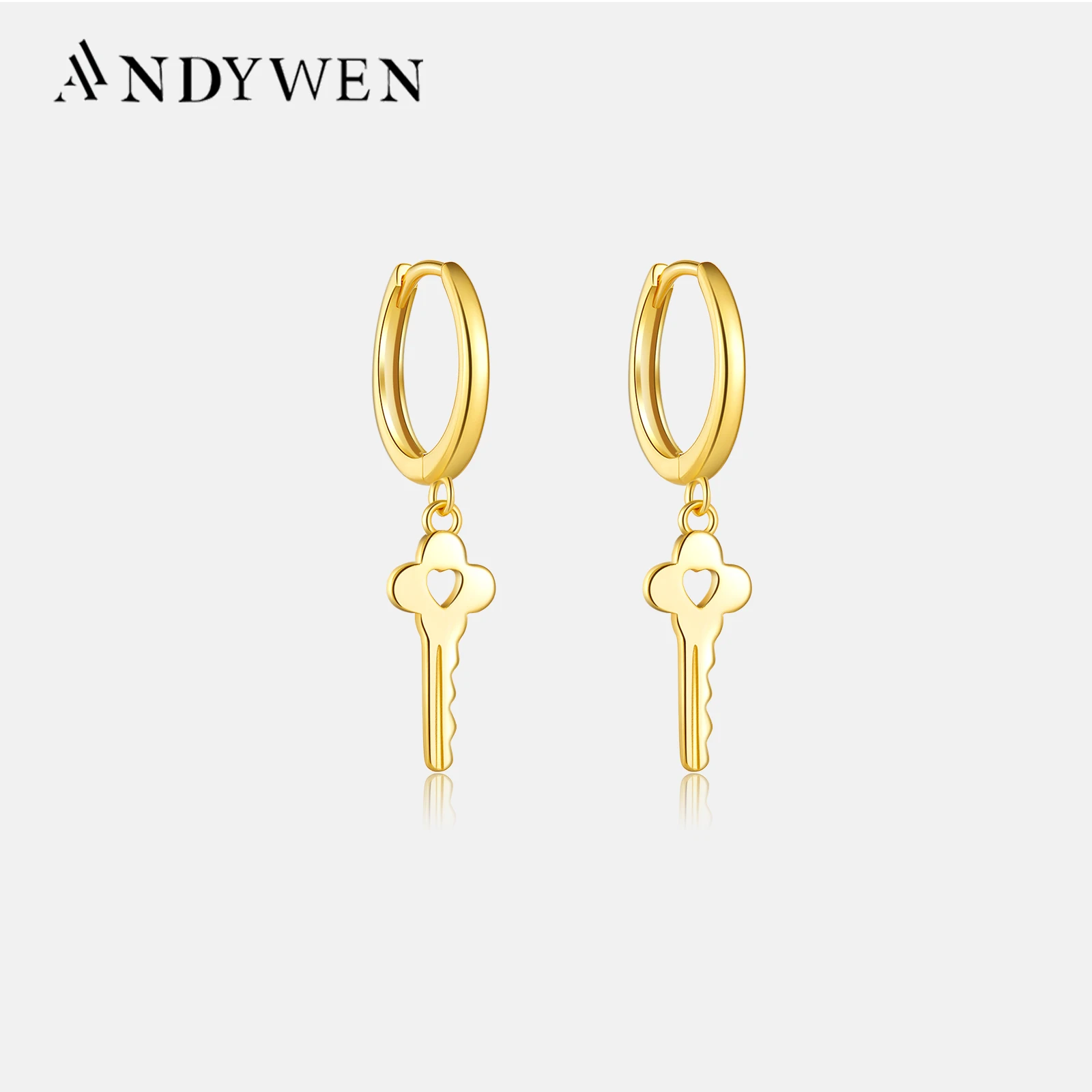 

ANDYWEN 925 Sterling Silver Gold Key Pendiente Drop Earring Clips Hoops Earring Piercing Pendiente Luxury Jewelry Party Luxury