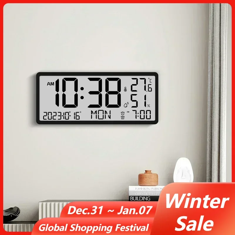 Large Digital Wall Clock with Temp Humidity Date Time Week Dual Alarms Display Modern Design Multi-function Electronic LCD Clock