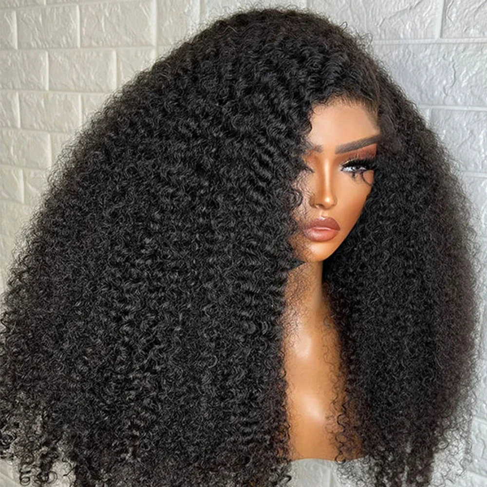 Perruque Lace Front Wig sans colle bouclée crépue noire naturelle pour femme noire, cheveux de bébé doux, densité 180, préplumée, degré de chaleur, 26 po, 03/3