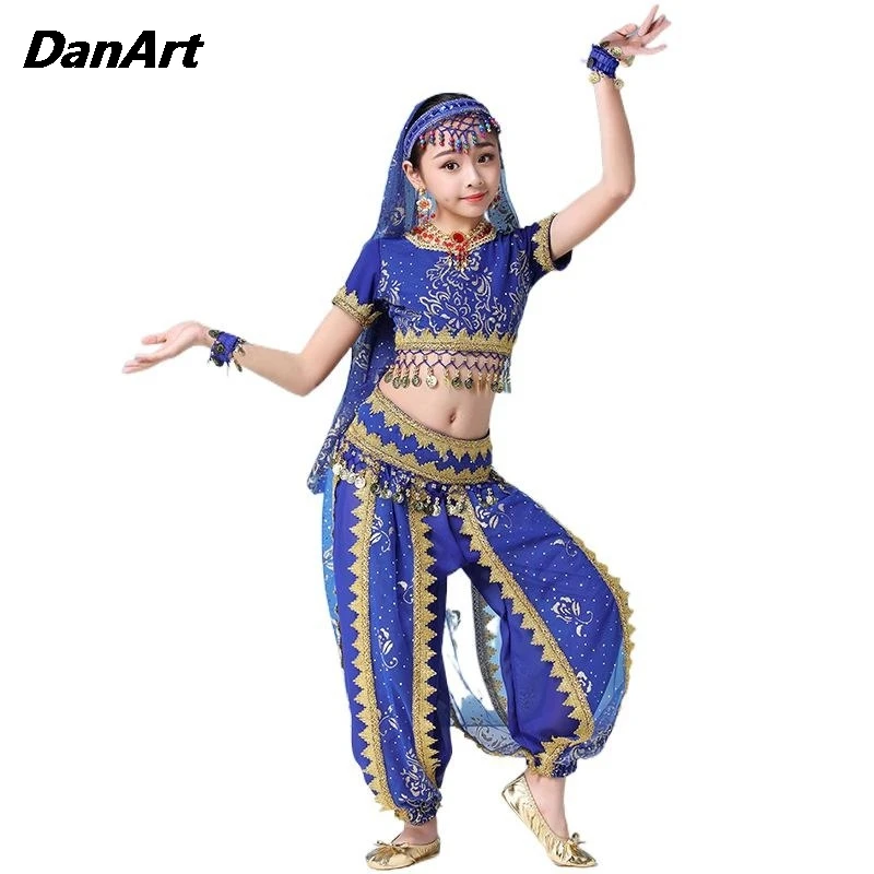 New Kids India Belly Dance Costumes Set Outfit Bollywood Egypt Belly Dance Practice Clothing Girls Stage Performance Wear Attire