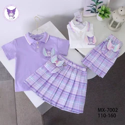 Kuromi Anime Kawaii Sanrio Children Short Sleeve Dress Suit Clothing Summer Cute My Melody Pocket Bag Baby Shirt Skirt Toys Gift