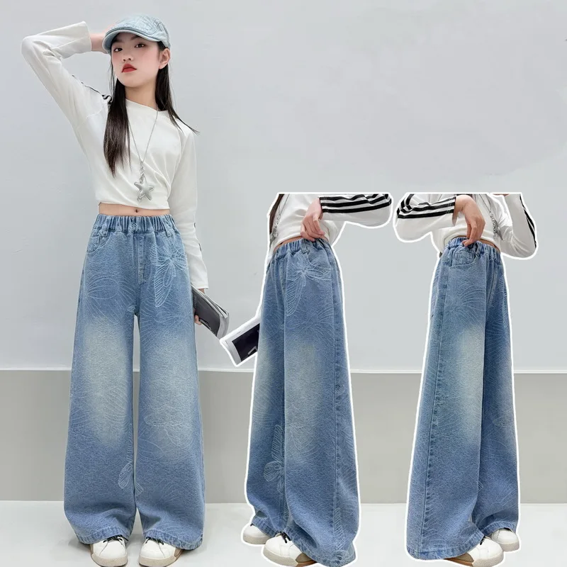 New Spring Kids Wide Leg Jeans Butterfly Jacquard Design Children Trousers for Girls Elegant Fashion Streetwear Denim Pants 5-14