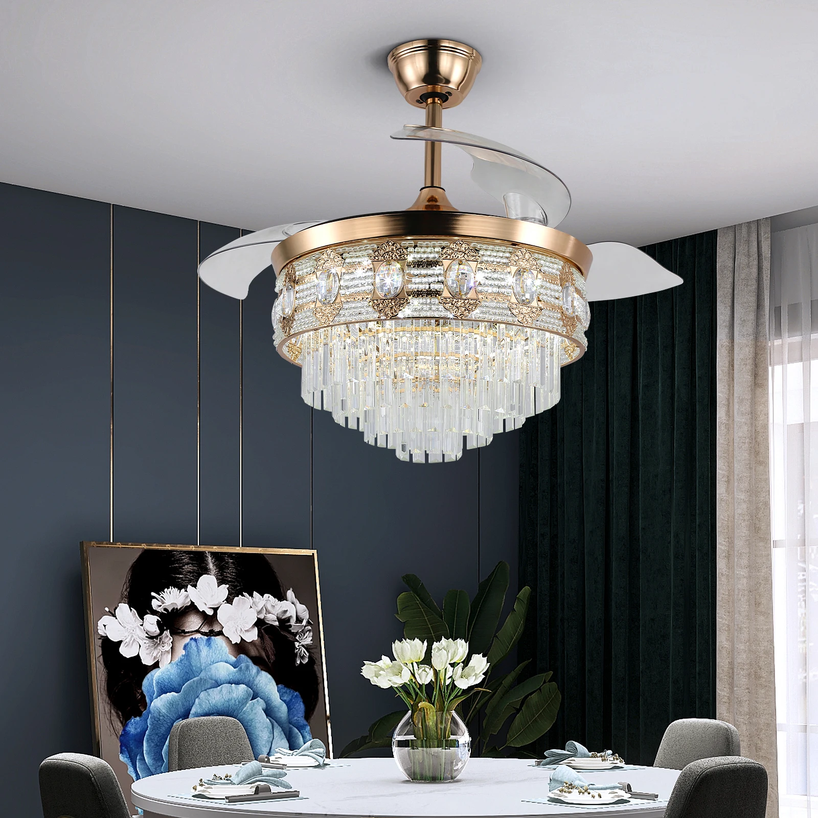 Modern Smart Ceiling Fan Chandelier Gold RC Adjustable 6 Speed Pendant Light Luminaire Bedroom 3 Heads Led Fandelier Lamp Indoor