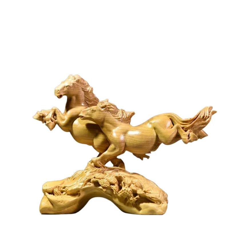 Hand-Carved Wood Galloping Double Horse Statue - 4.3