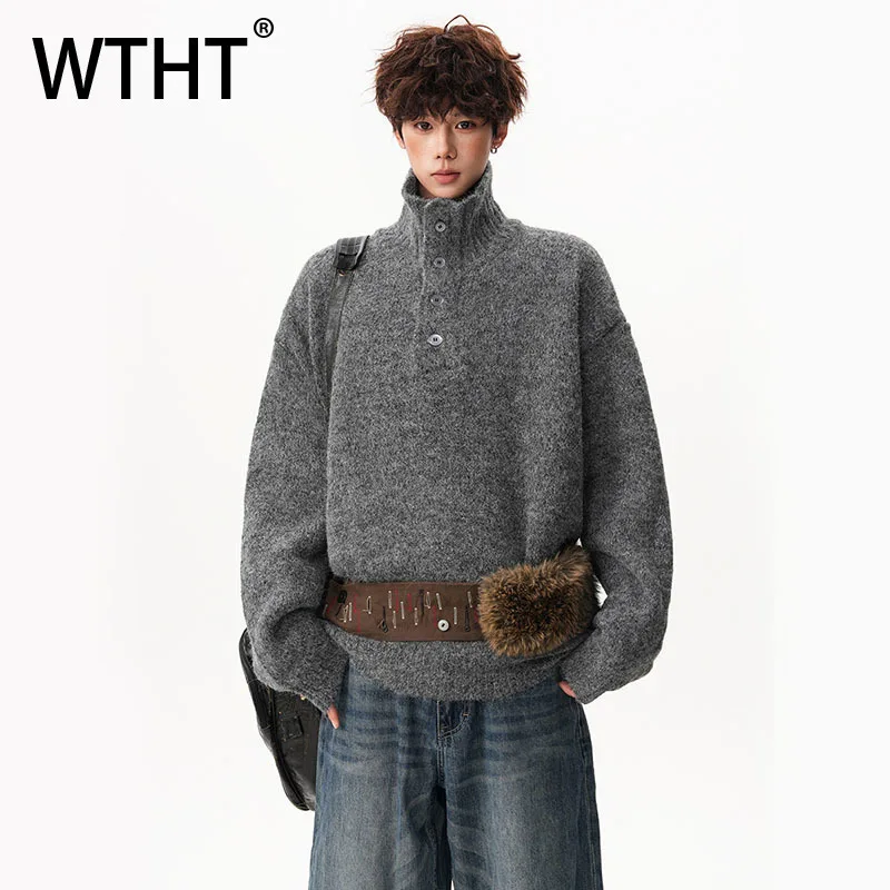WTHT Fashion Men’s Solid Color Button Loose Knit Sweater Trendy 2025 Autumn American Style Stand Collar Pullover Male 2A2256