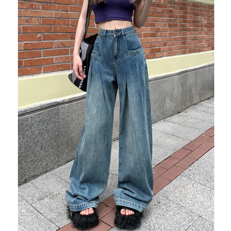 

Blue High Waist Jeans for Women American Vintage Fashion Y2K Streetwear Wide Leg Jean Female Trouser Straight Baggy Denim Pants