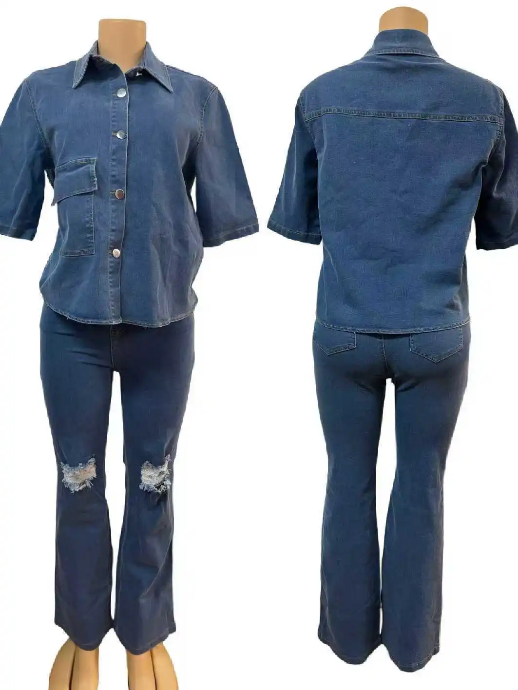 بدلة معطف الدنيم النساء 2 قطعة مجموعات سترة ملابس خمر ثقب السراويل المتعثرة زر جيوب بنطلون فرقة 2025 الشارع الشهير