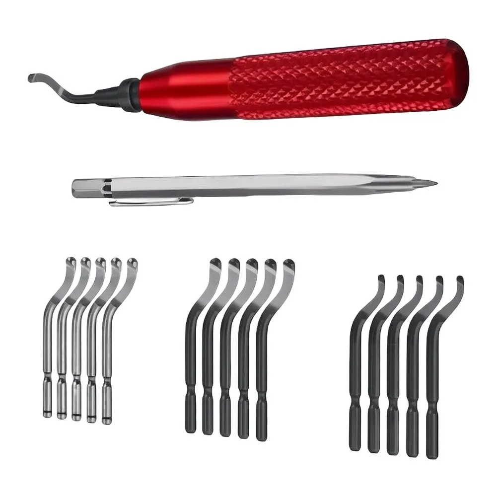 Precision Deburring Tool Set With-Red CNC Anodized Handle Metal Hand Burr Trimming Wood-Deburring Tools