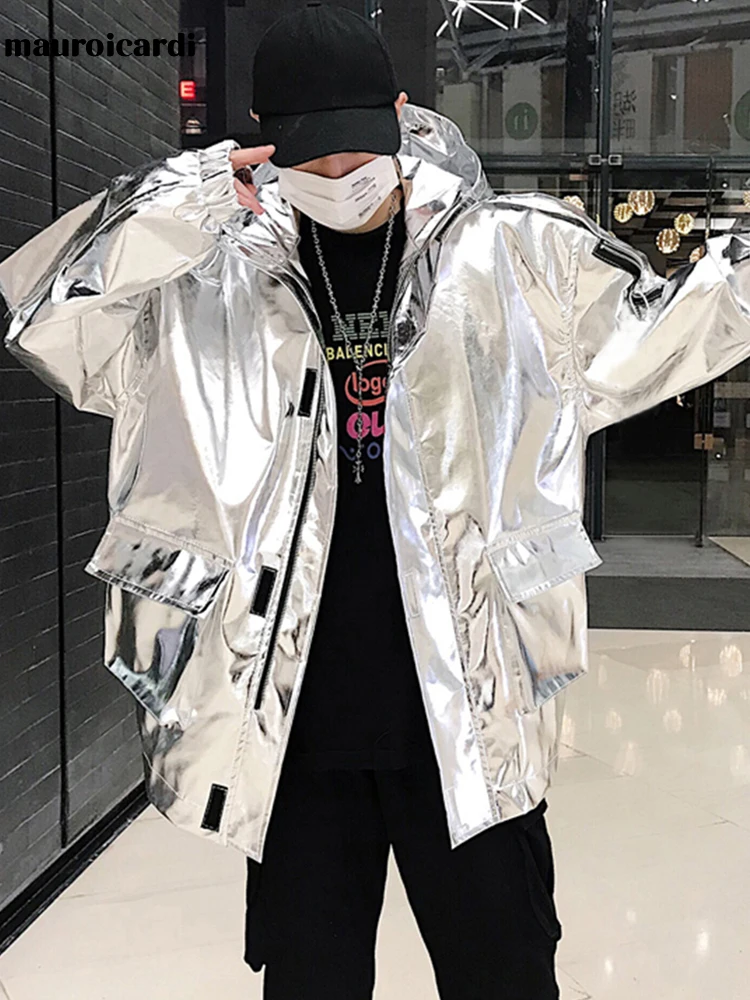 Mauroicardi Spring Autumn Shiny Reflective Faux Leather Jacket Zipper Cool Luxury Designer Windbreaker Hip Hop Clothes Men 2022