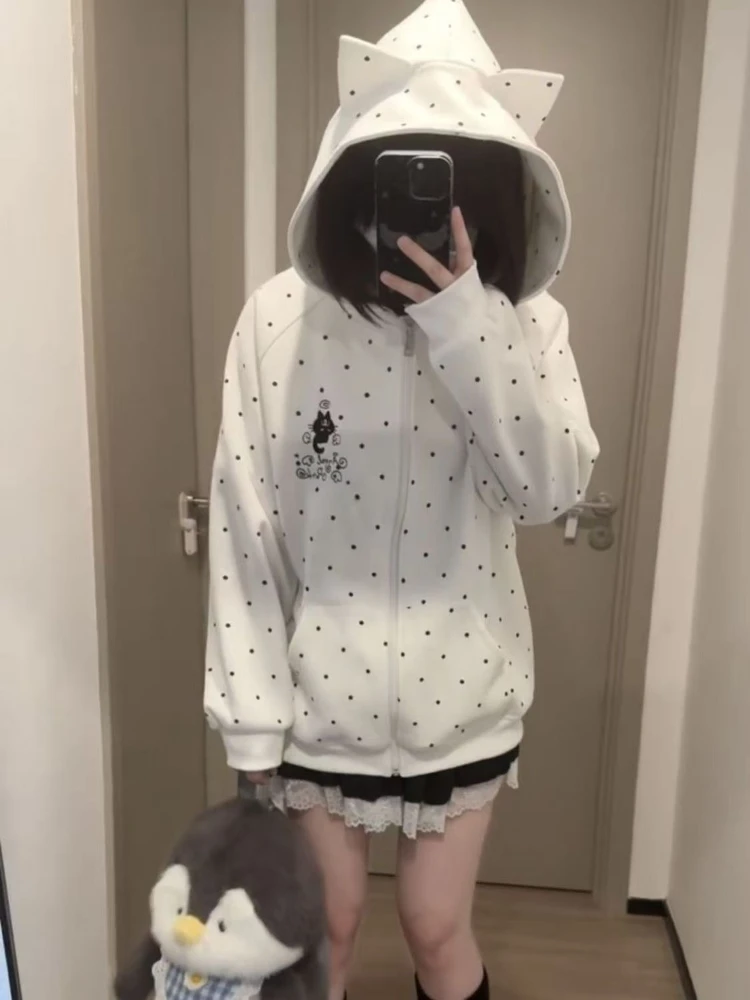 Cute Polka Dot Cat Embroidered Hoodie Autumn Winter Sweet Loose Fi Tzip-up Cardigan Jacket Harajuku Casual Sweatshirts 2025 New