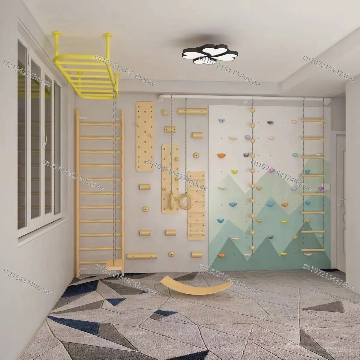 Kids Indoor Wooden Climbing Wall Gym Set Montessori Sensory Training Wall With Rock Climbing Holds Rope Ladder Gymnastic Rings