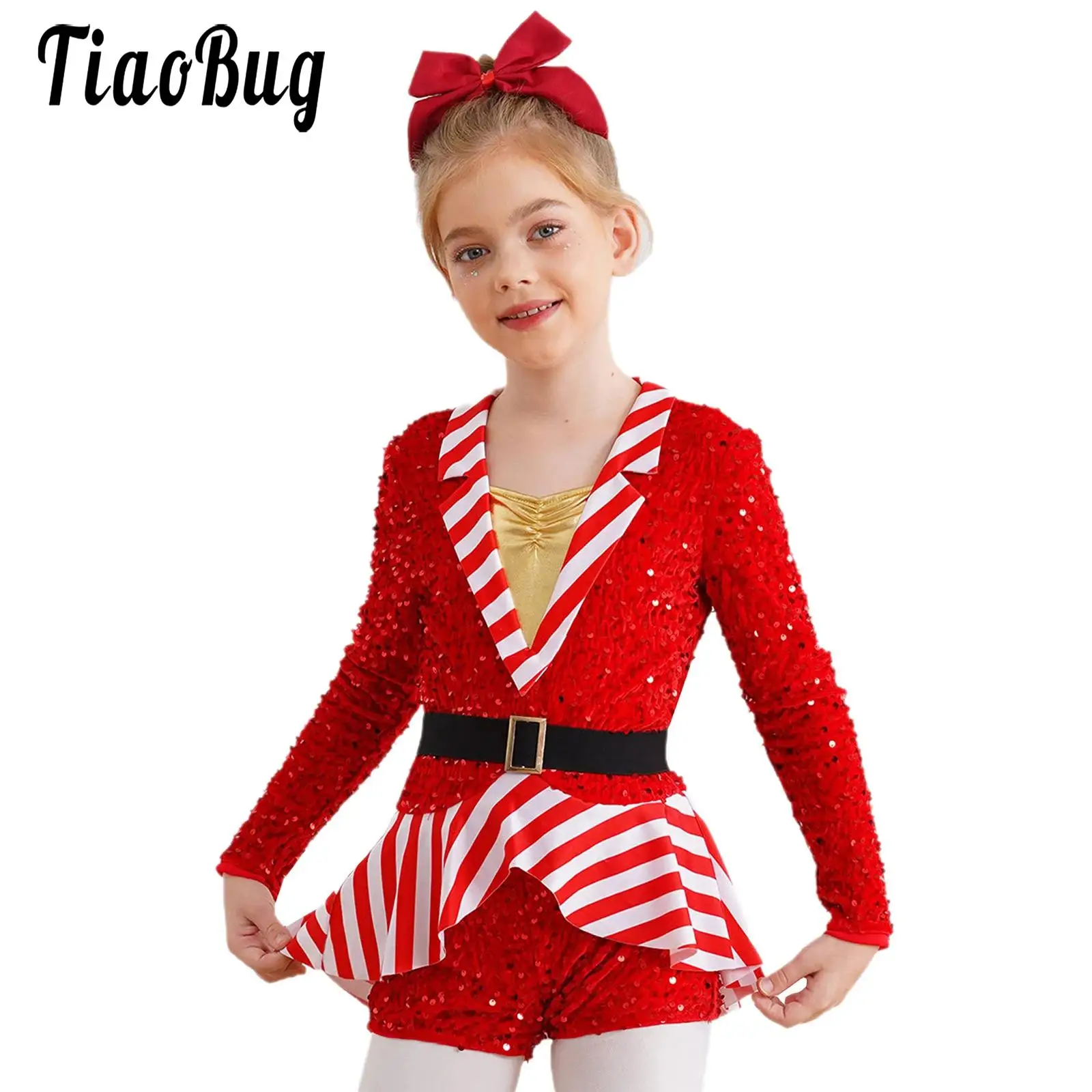 

Girls Christmas Dance Costume Jumpsuit Skirted for Figure Skating Xmas Long Sleeve Gymnastics Leotard Santa Candy Cane Dresses