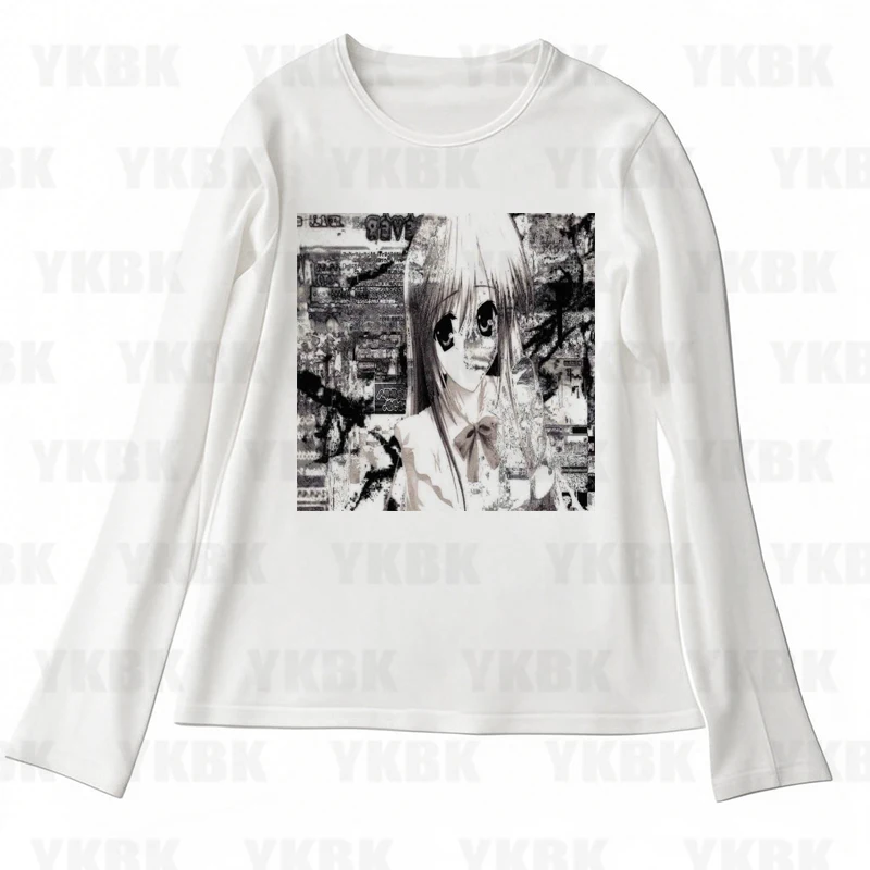 Harajuku النساء Y2K الشارع Harajuku موضة حار فتاة رداء علوي غير رسمي الصيف الرجعية القوطية الأبيض طباعة قميص الانمي فتاة حار ايمو
