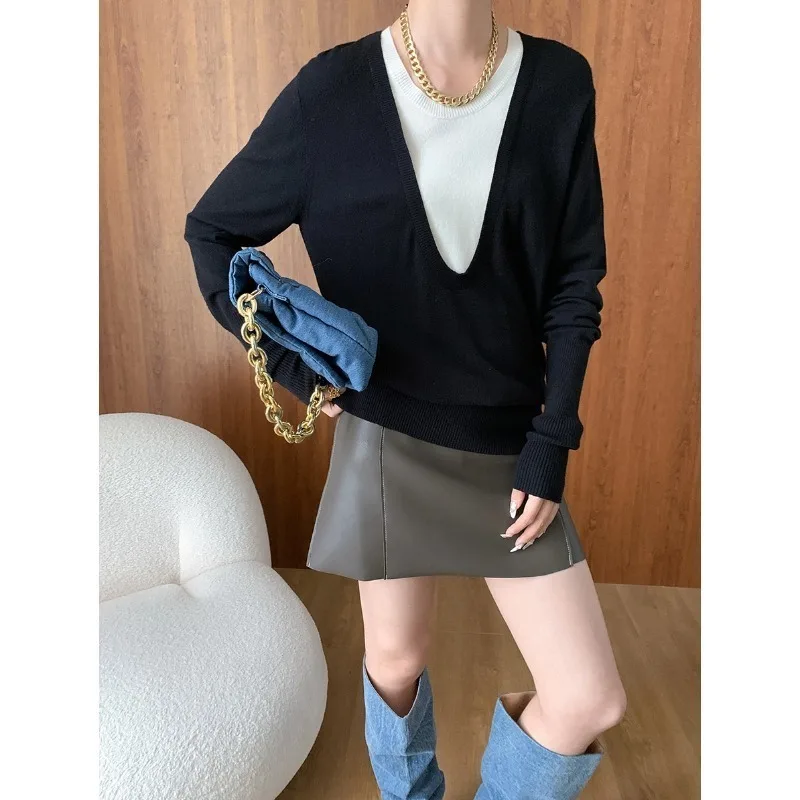 Autumn Fake Two-piece Knitted Sweater V-neck Wool Blend Long Sleeve Loose Knitted Pullovers Tops