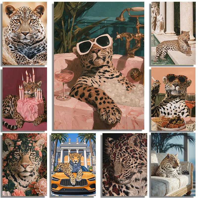 Funky Leopard Roman Villa Poster Optical Illusion Bubble Bath Botanical Big Cat Prints Canvas Painting Wall Pictures Home Decor