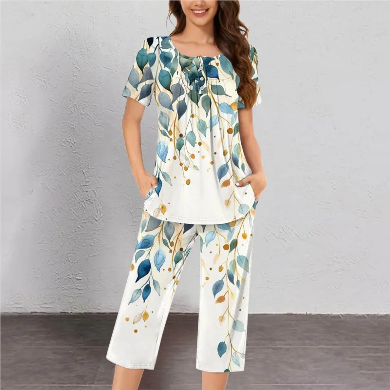 2024 New Printed Suits Ladies Short Sleeve Button Tops And Elastic Waist Calf-length Trousers Spring Summer Homewear Casual Suit