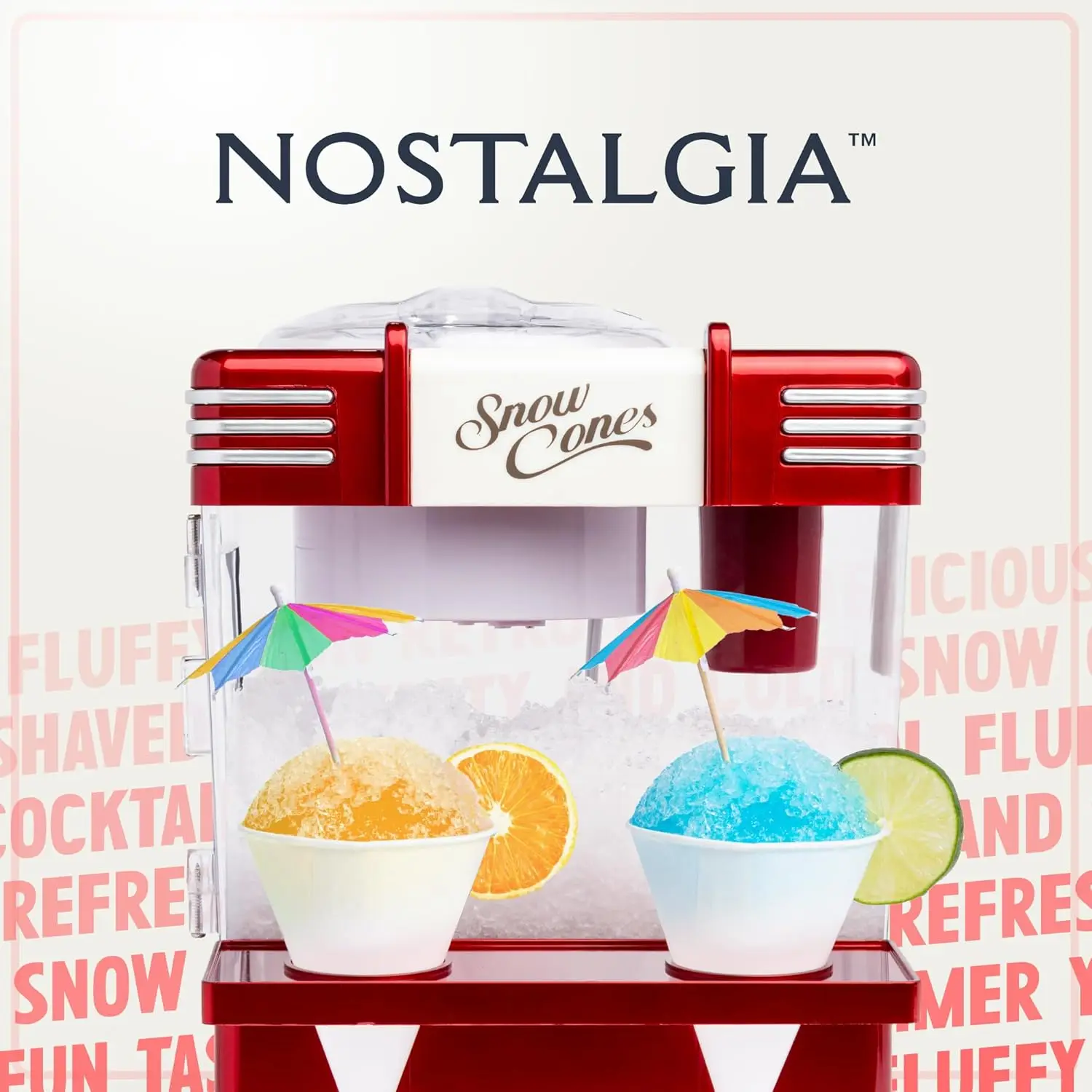 Homiva Store Nostalgia Snow Cone Shaved Ice Machine - Retro Table-Top Slushie Machine Makes 20 Icy Treats - Includes 2 Reusable Plastic Cups & Ice Scoop - Retro Red