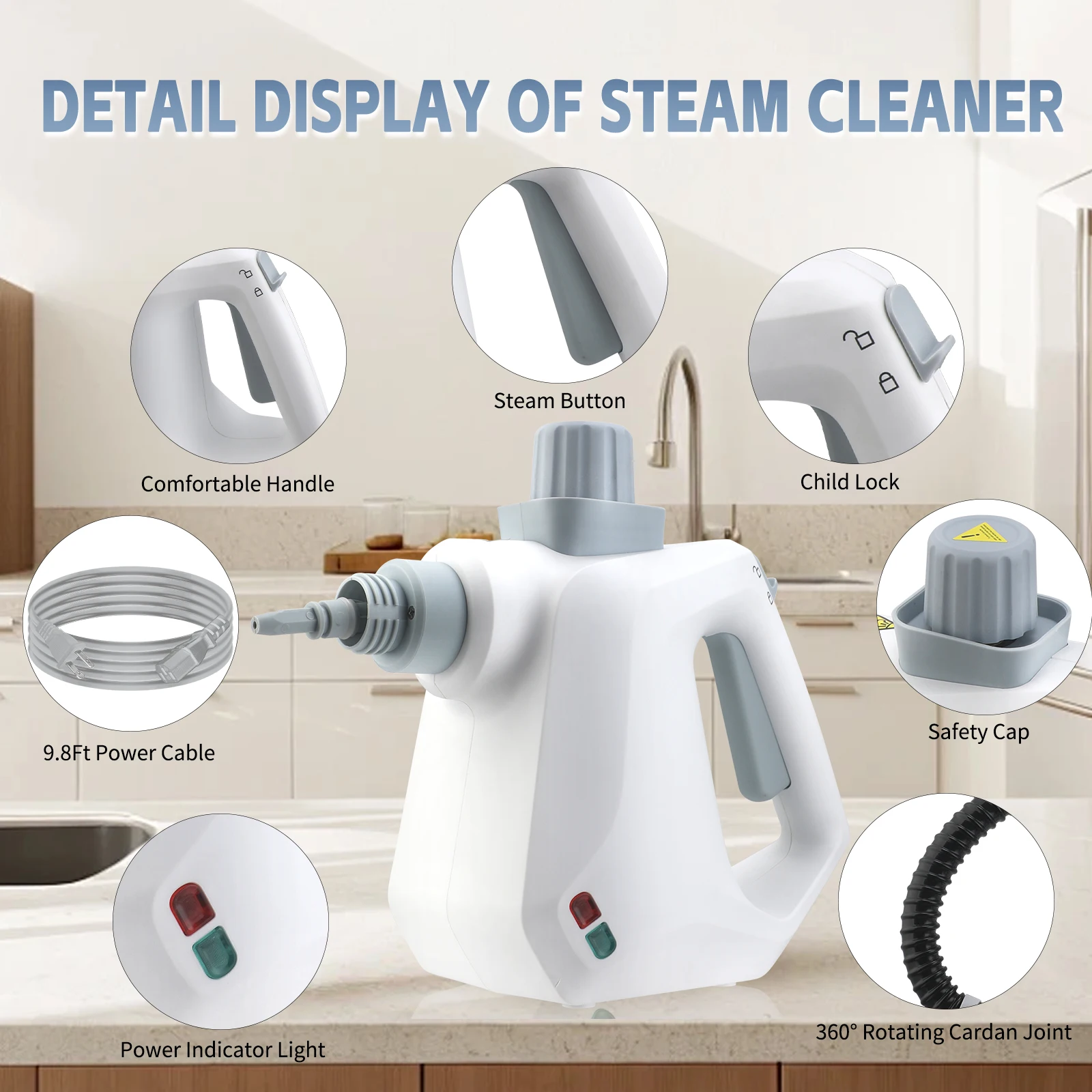 1000W Handheld Steam Cleaner, Portable Steamer with Large Capacity,9-Piece Accessory Set for Floor, Car, Carpet, Upholstery