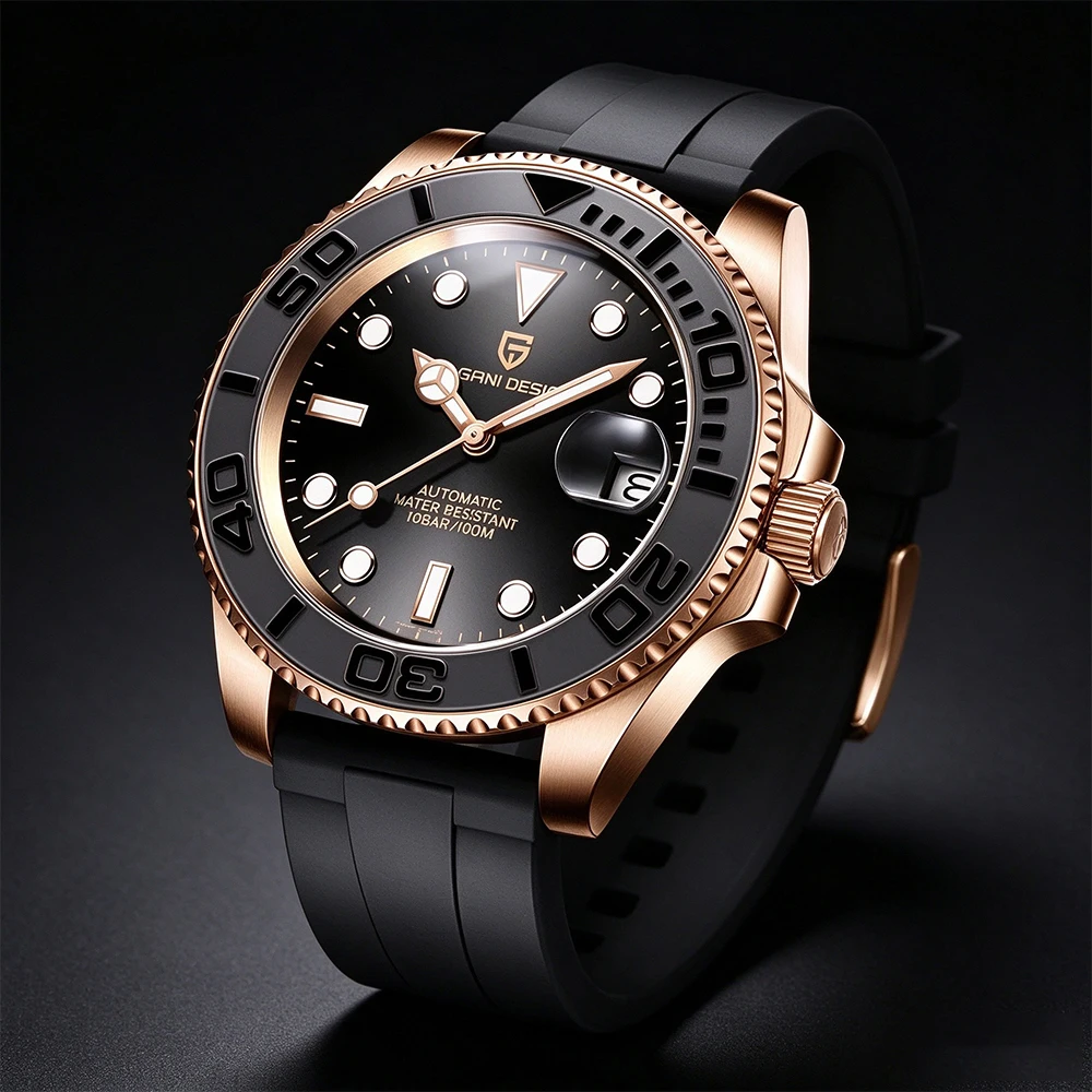 2026 V2 PAGANI DESIGN 40MM Rose Gold Yacht Luxury Men Mechanical Watch Rubber Strap AR Coated Sapphire Glass Stainless Steel 100M Waterproof Men Automatic Watch Gift Watches