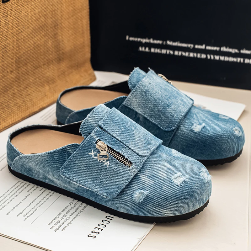 Men'S Shoes Zipper - Distressed Ripped Denim Mule Slippers Zipper