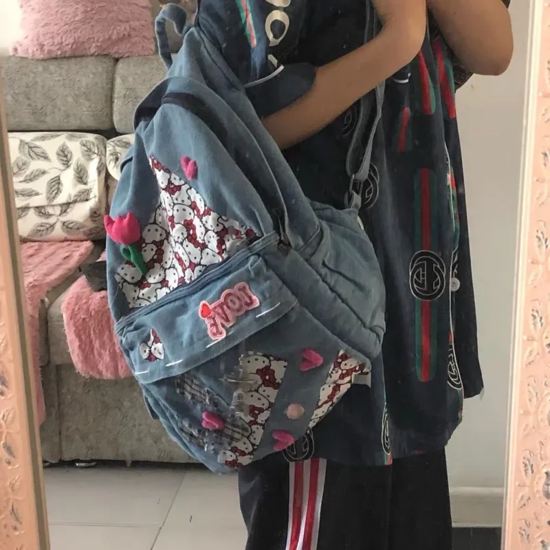 MBTI-Mochila Vintage Hello Kitty para Mulheres, Moda Denim, Estudantes Patchwork, Sacos Estéticos Femininos, Y2k, Harajuku, Universidade