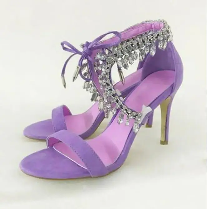 Dazzling Crystal Tassel Sandals Strap Suede Women Summer Shoes Crossed Diamond Pendant Side Stiletto Mujer Party 8/10cm Pumps