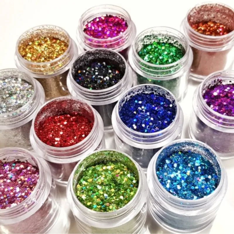 12Color Choice Mix Glitter 0.2-1mm Size Nail Glitter Flakes Body Decor Dust Powder For Eye Body Glitter Powder In 10ml Clear Jar