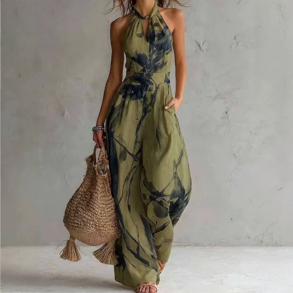 2026 new new Chinese neck halter jumpsuit blue and white tie-dye wide-leg pants summer beach women's clothing
