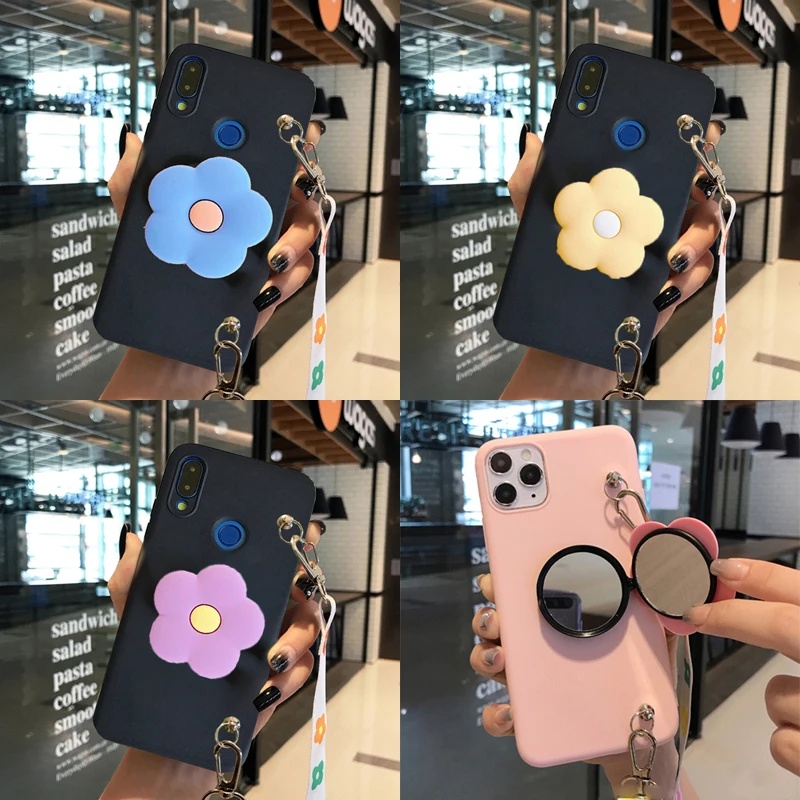 Cute Flower Makeup Mirror Stand Case For Motorola Moto E13 E22 E30 E32 E6S E6 E7 One Fusion Action Vision Flower Cover With Rope