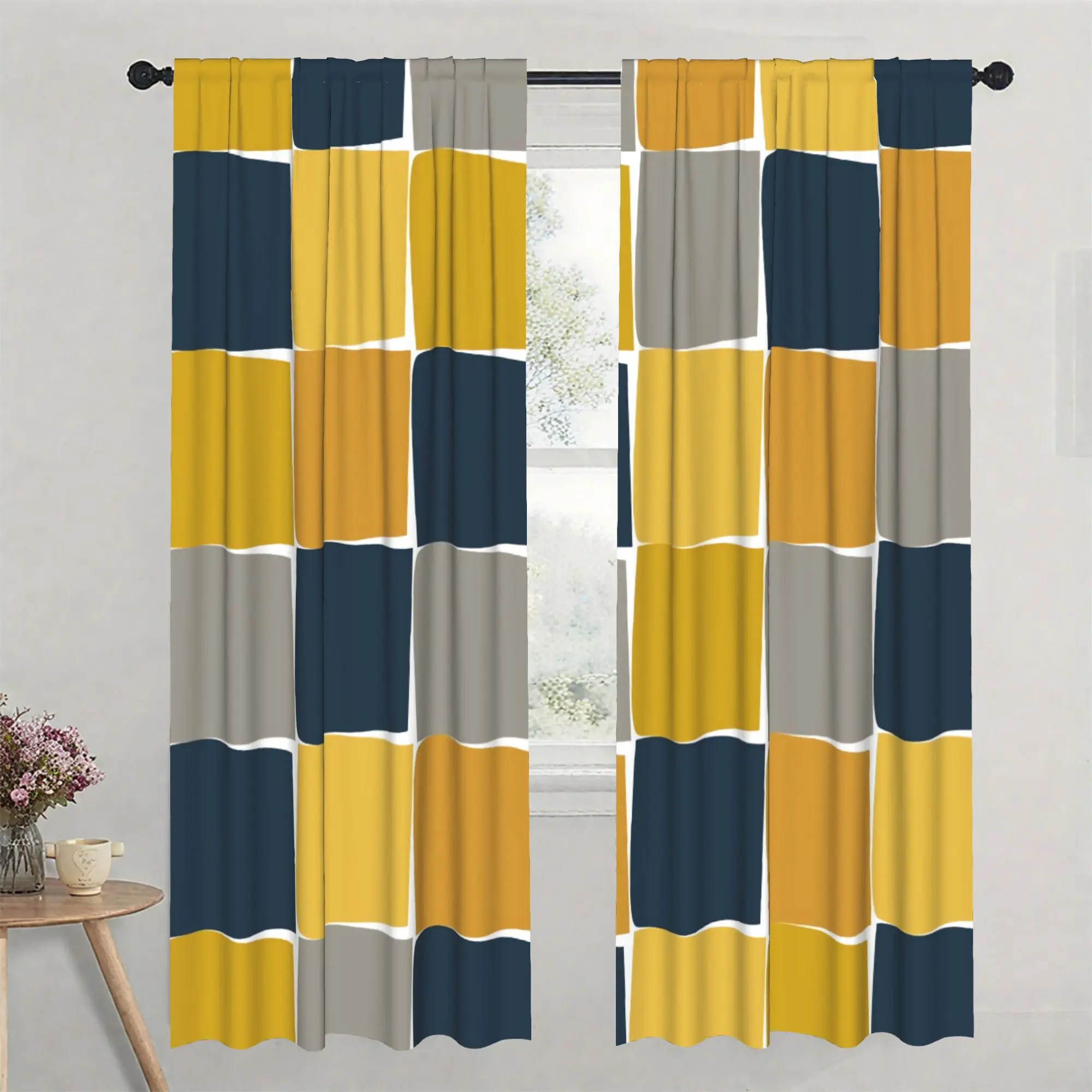 Modern Geometric Pattern Curtains Pair Living Room Window Decor Navy Blue Gold Gray Abstract Curtain Panels 2pcs