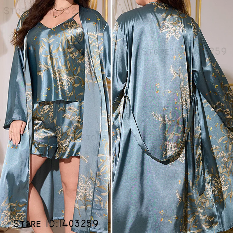 

Plus Size 4XL 5XL Long Robe 3PCS Set Pajama Women Sleepwear Print Cherry Kimono Bathrobe Gown Loose Satin Homewear Loungewear