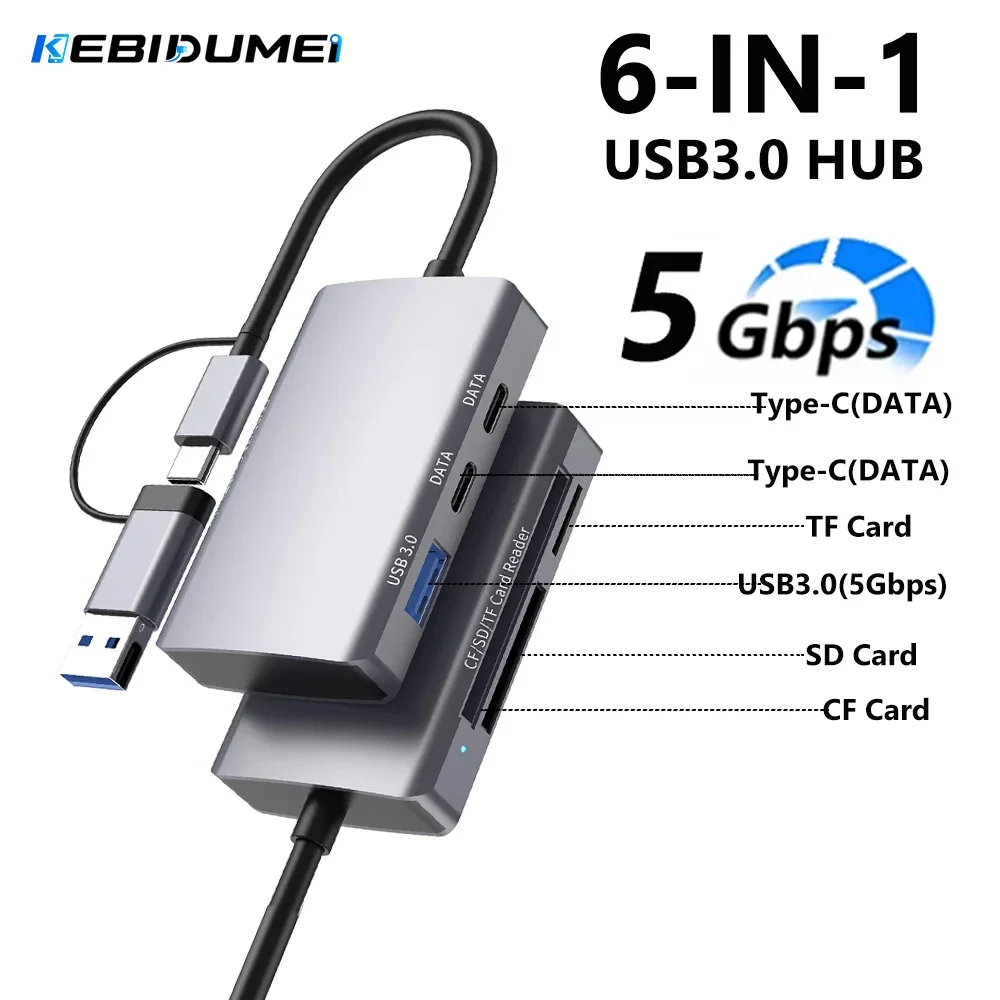 KEBIDUMEI Card Reader USB 3.0 to SD TF CF Memory Card Adapter 6 in 1 Docking Station Multifunction Smart Reader For PC Laptop