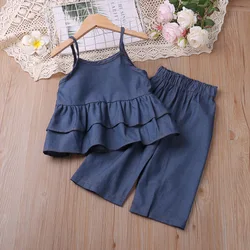 Summer Denim Suit Sling Top+Pants 2Pcs Kid Clothes Girl Set Young Children Clothes For 2-6 Years