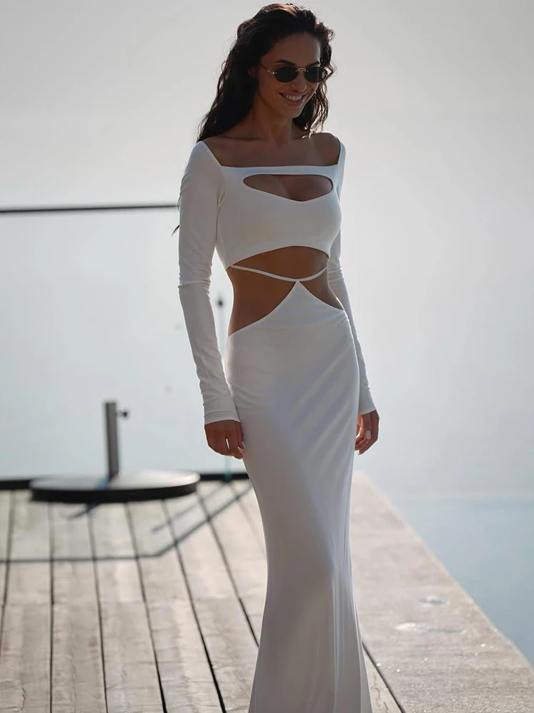 Bizarre chat Sexy creux taille robe femmes automne tendance col carré manches longues maigre Stretch élégant Style longue moulante