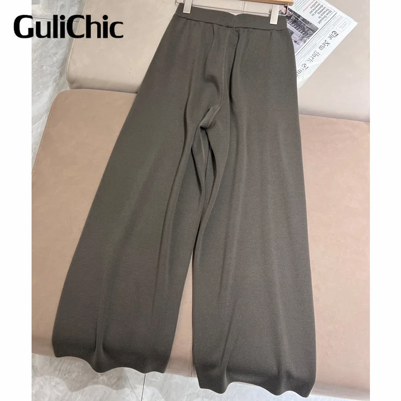 11.26 GuliChic Elastic Waist 100% Wool Wide LWg Pants Women Casual Loose Straight knitted Trousers