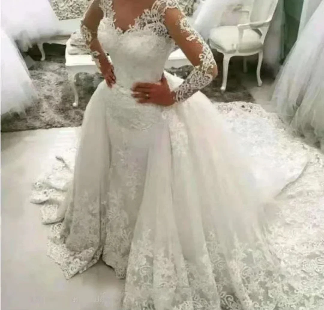 Vestido De novia personalizado, Vestido De novia De encaje De manga larga De tul, Vestido De novia De alta calidad