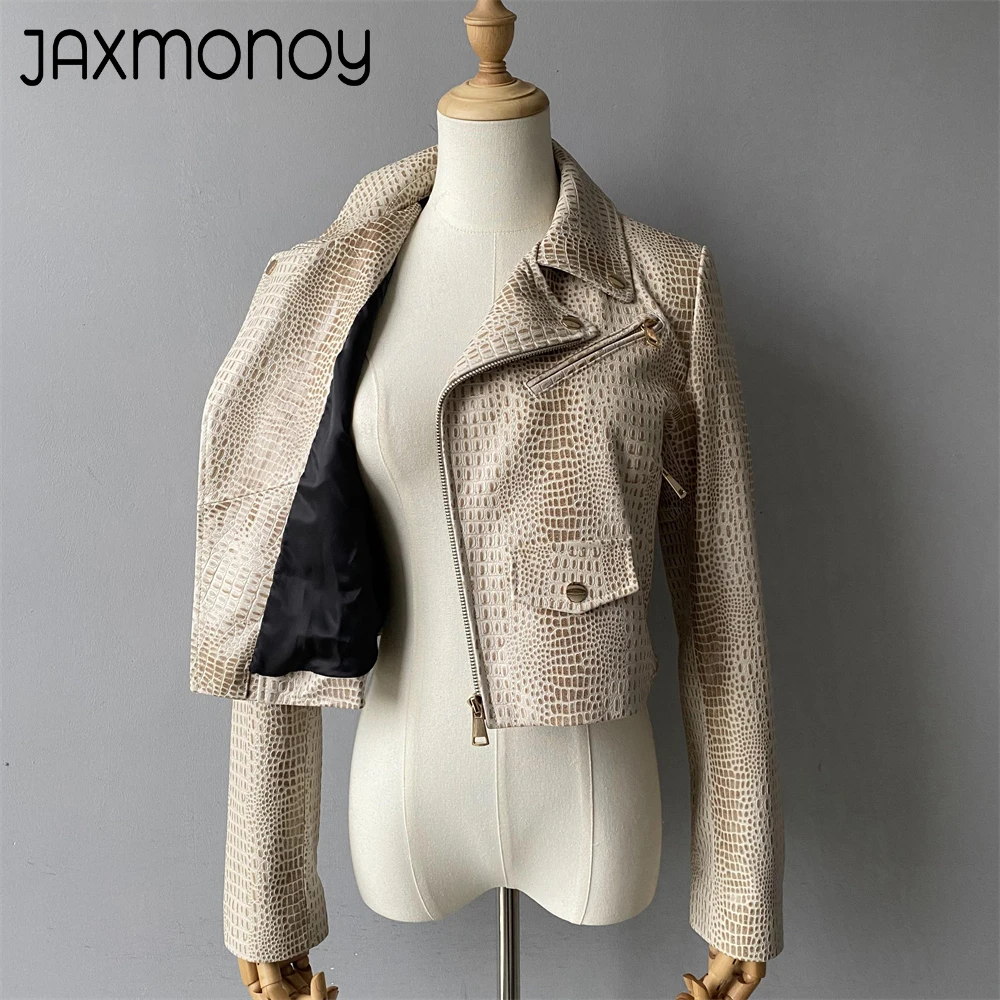 Jaxmonoy-chaqueta de cuero Real para mujer, abrigo corto de piel de oveja, con cremallera, a la moda, para primavera y otoño