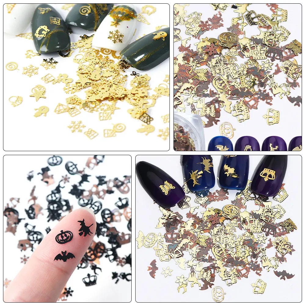 360 Uds uñas artificiales calabaza bruja estampado parches de uñas dorado negro herramienta de manicura desechable para Halloween Navidad DIY