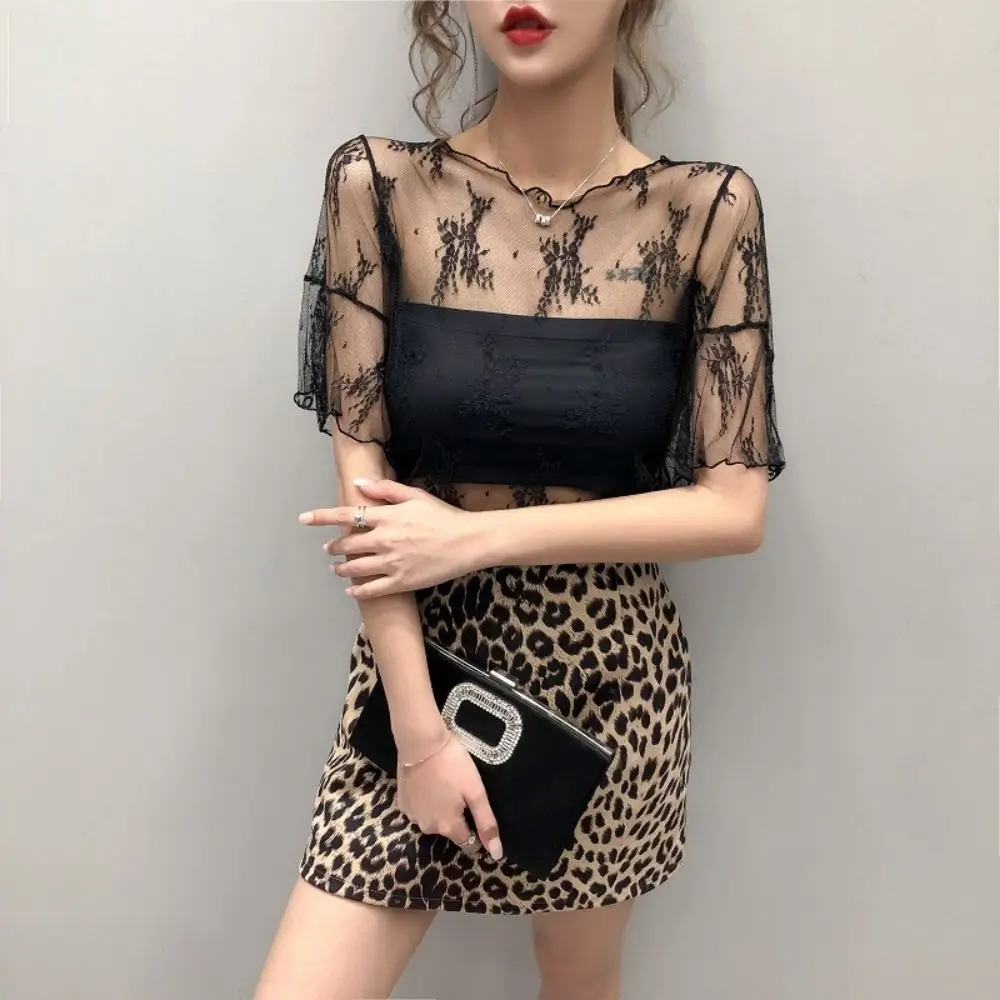 New Chiffon with Hollow Out Lace Backing Shirt See Through Short Sleeve Half Sleeve Blouse Mesh Top Summer