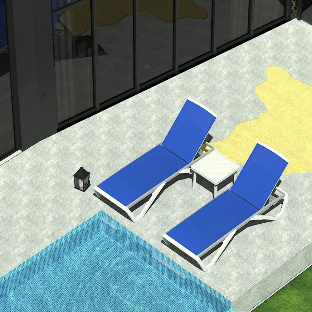 Un juego de 3 sillones para terraza, sillones, reposabrazos y mesas auxiliares de polipropileno de aluminio para exteriores